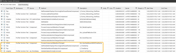 The Time Stamp button and the dashboard and method called are outlined with yellow highlight in the Profiler Events window